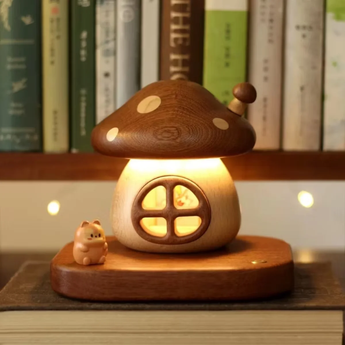 

Cute Mushroom House Solid Wood Night Light | WarmAmbient LED Touch Dimmable Bedside Lamp for KidsBedroom Cozy Desk De