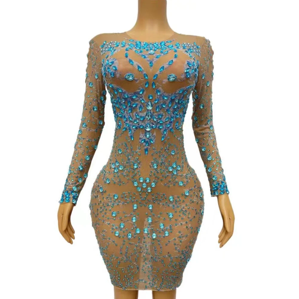 Sexy Stage Sparkly Blue Rhinestones Long Sleeves Transparent Dress Evening Birthday Celebrate Stretch Photo Shoot Costume