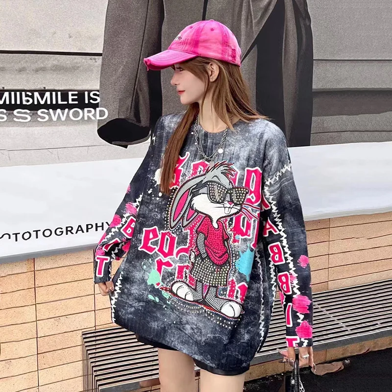 Cartoon Rabbit Printed Diamonds Sweater Women Pullovers Autumn Winter Vintage Clothes Fashion Loose Casual Full Sleeve Hoodies