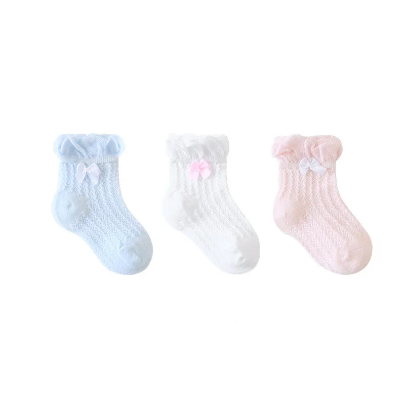 3Pairs/lot 0-5Years Summer Baby Socks For Girls Toddlers Cotton Kids Girl Ruffled Knitted Lace Bow White Mesh Thin Girls Socks