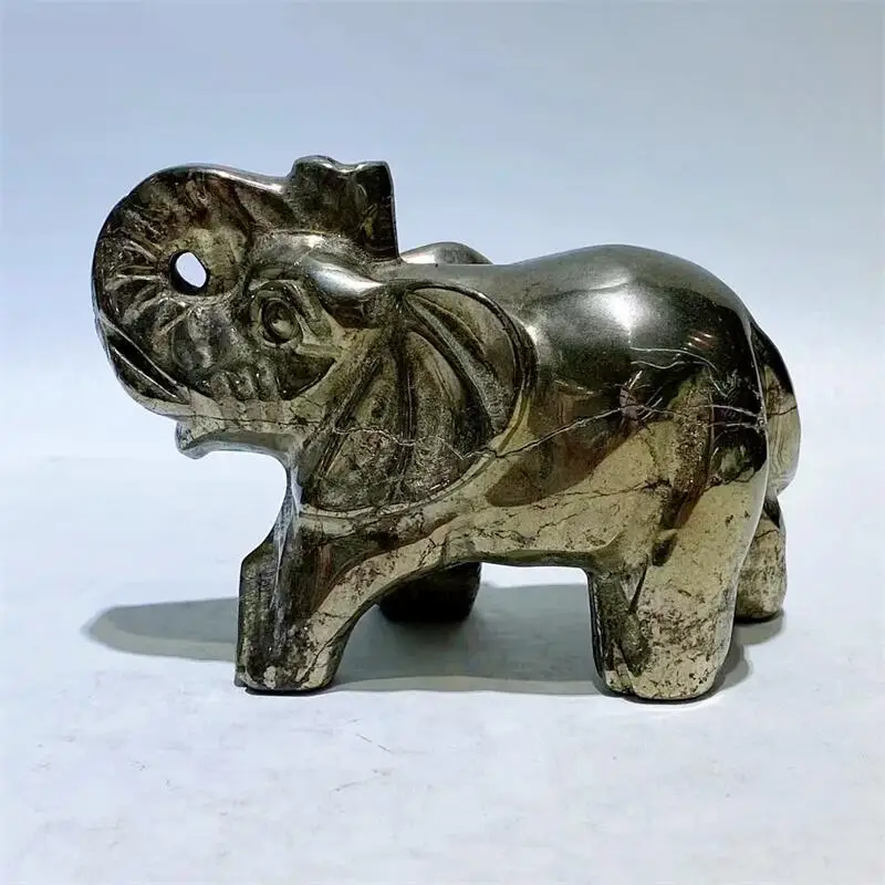 9.5cm Natural Pyrite Elephant Crystal Carving Animal Healing Energy Stone Fengshui Home Decoration Holiday Gift 1pcs