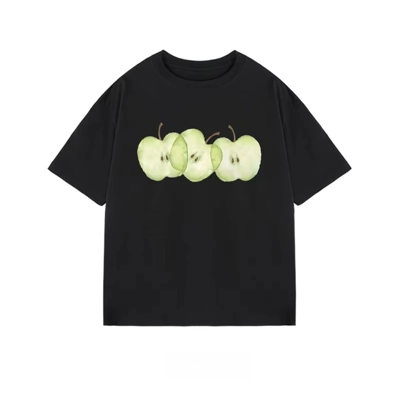 2026 New Simple Design Fun Apple Pure Cotton Printed T-shirt Summer New Men's and Women's Loose T-shirt Loose