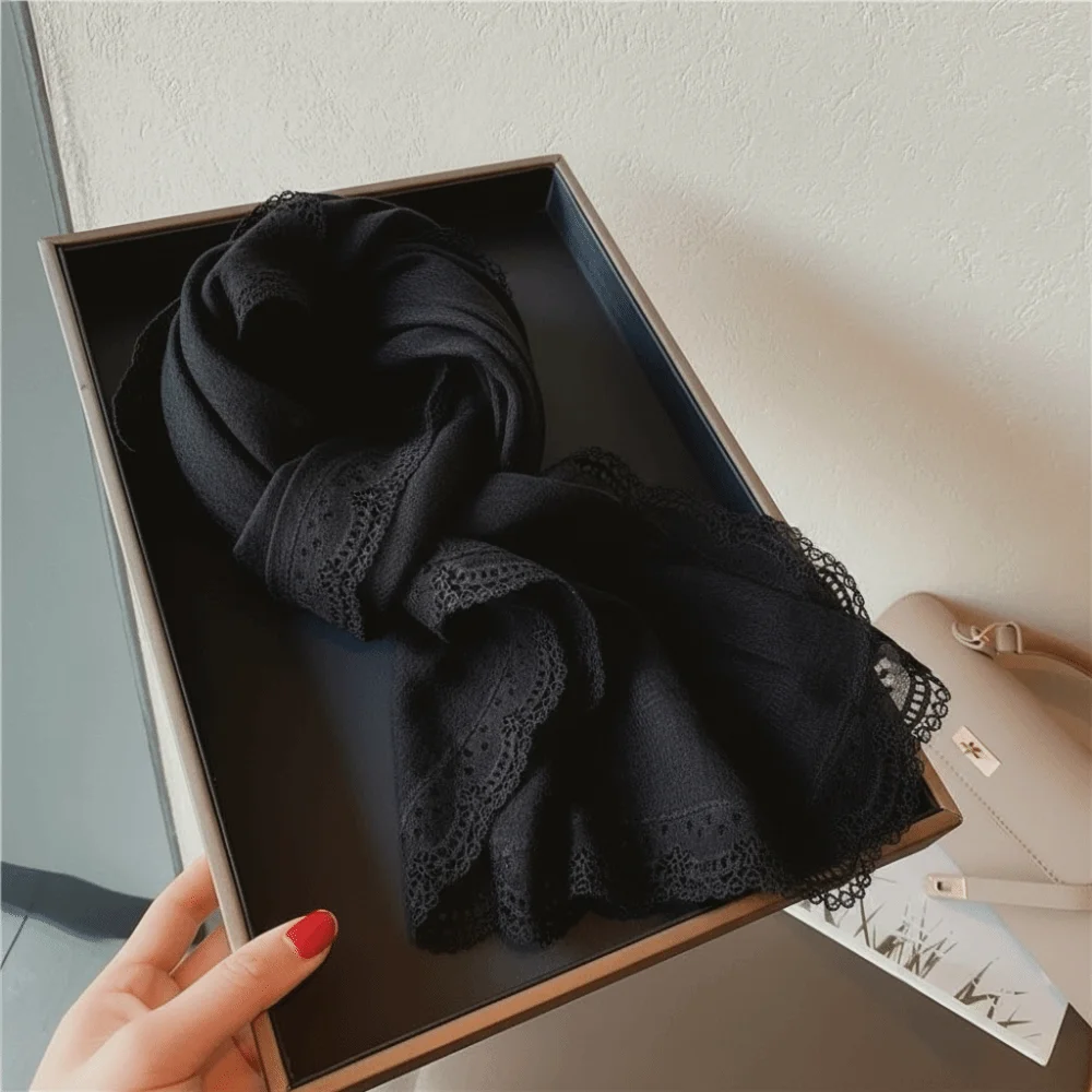 

Literary Elegant Flaxen Lace Scarf Lace Edge Breathable Women's Shawl Solid Color Sunscreen Shawl for Women
