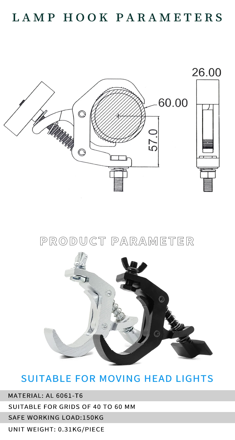20 Stück/Set Robuste Schwerlasthaken 150kg 40-60mm Aluminiumlegierung Klemmhalterung Bühnenlicht-Haken Lichtklemmenhalter Truss – Detail 7