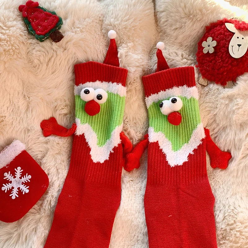 1Pair Cartoon Cute Christmas Socks Breathable Long Tube Hose Funny Novelty Magnetic Socks Home Couple Socks Christmas Gifts