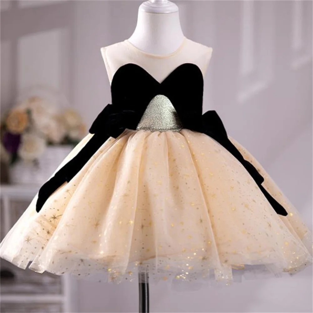 

Black velvet patchwork swan girl's short dress children's princess dress baby's birthdayfluffy gauze dress