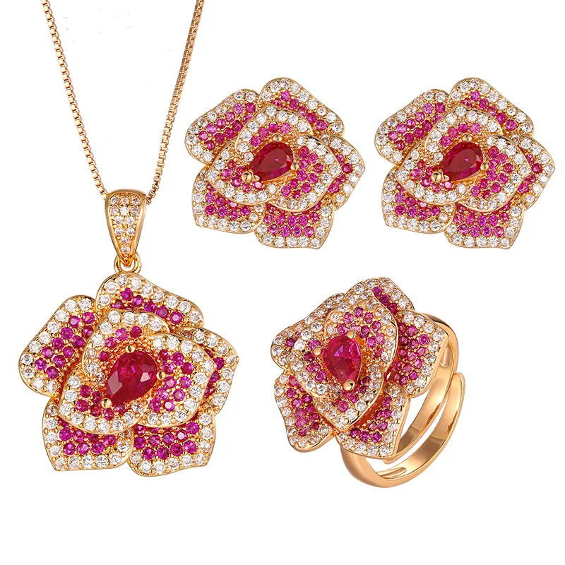Women's Rose Flower Jewelry Adjustable Ring Red Cubic Zirconia Sparkling Floral Necklace Earrings Elegant Party Wedding Jewelry