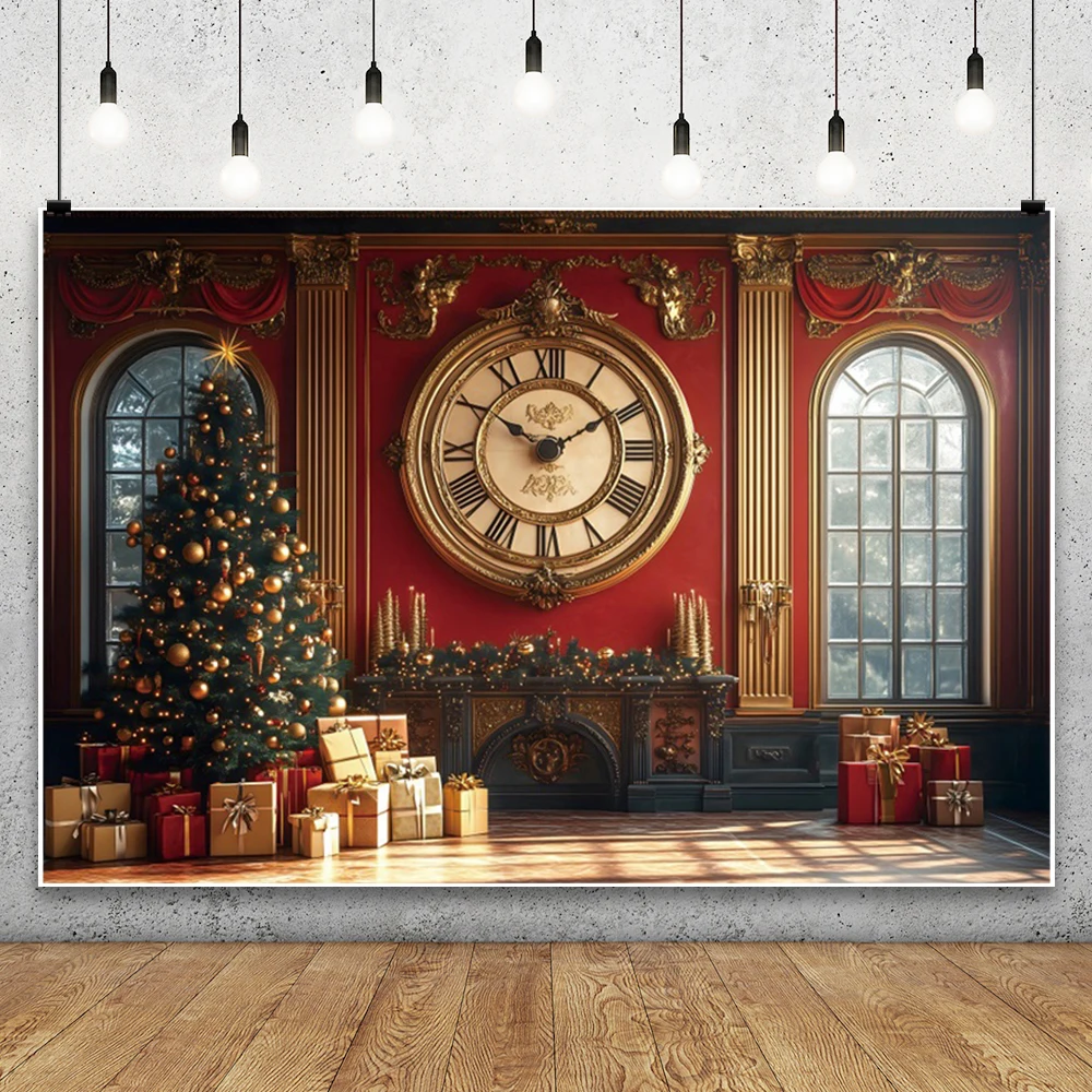 Fondo de Navidad rojo fotografía gigante Año nuevo reloj árbol de Navidad regalo chimenea invierno niños familia decoración interior telones de fondo