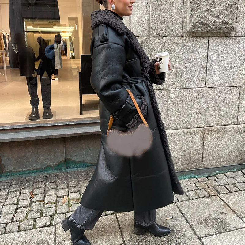 Women Warm Lapel Full Sleeve Belt Pocket Coats Patchwork Lamb Wool Leather Long Jacket 2024 Winter Female High Street Outerwear