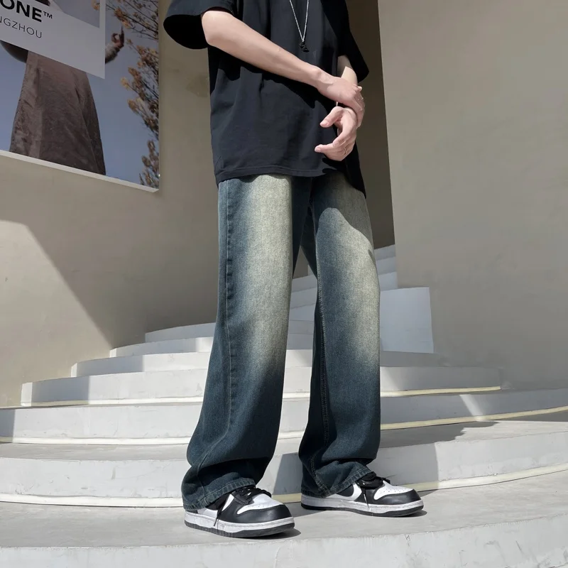Calças Jeans Americanas Retrô Masculinas de Verão, Soltas, de Perna Larga e Comprimento Total, Estilo High Street, Calças Ret...