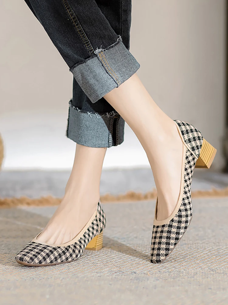 Spring and Autumn New Fashion Casual Pointed Thick Heels Women's Single Shoes Woven Mesh Surface Shallow Mouth High Heels Shoes