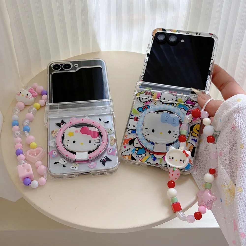 Magnetic Holder Magsafe Wireless Charge Cute Cartoon Sanrio Hello Kitty Phone Case For Samsung Galaxy Z Flip 7 6 5 Hard Cover