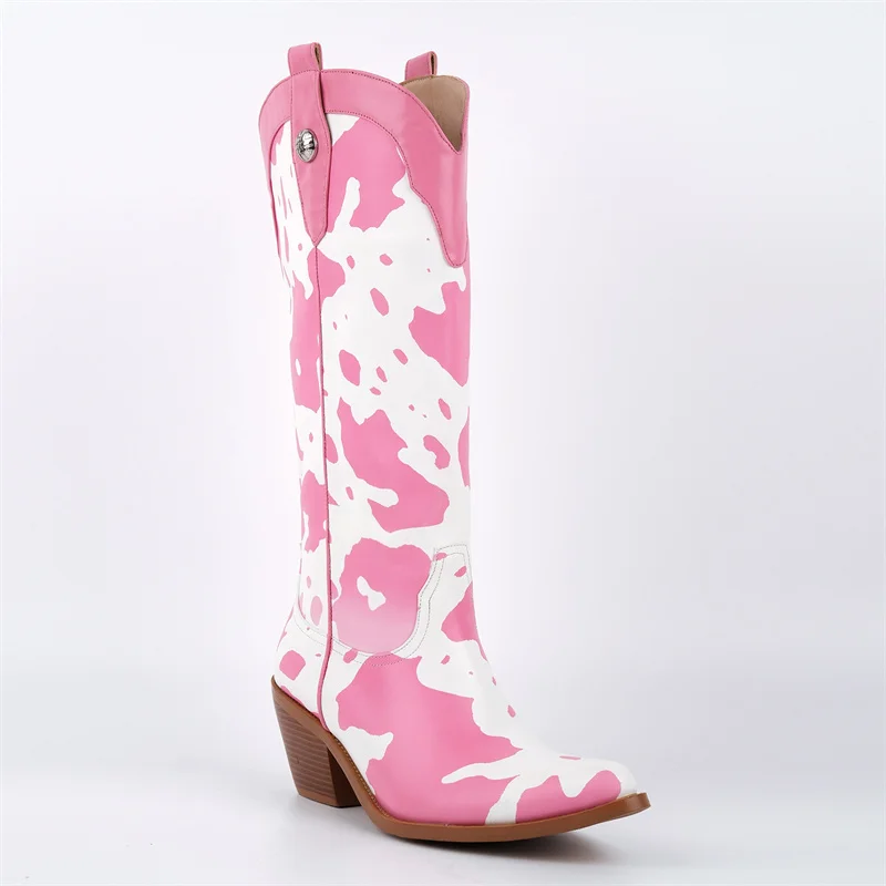 Onlymaker Pointed Toe Pink White Cow Print Western Cowboy Boots Chunky Block Heel  Retro Festival Party Cowgirl Boots
