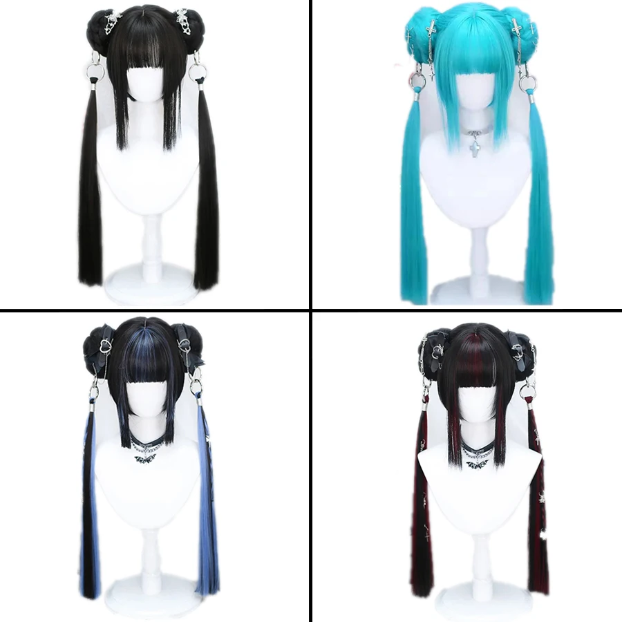 Parrucca sintetica corta diritta blu lago Doppio anello per capelli Doppia treccia Coda di cavallo Parrucca corta diritta per coprire la testa per le donne