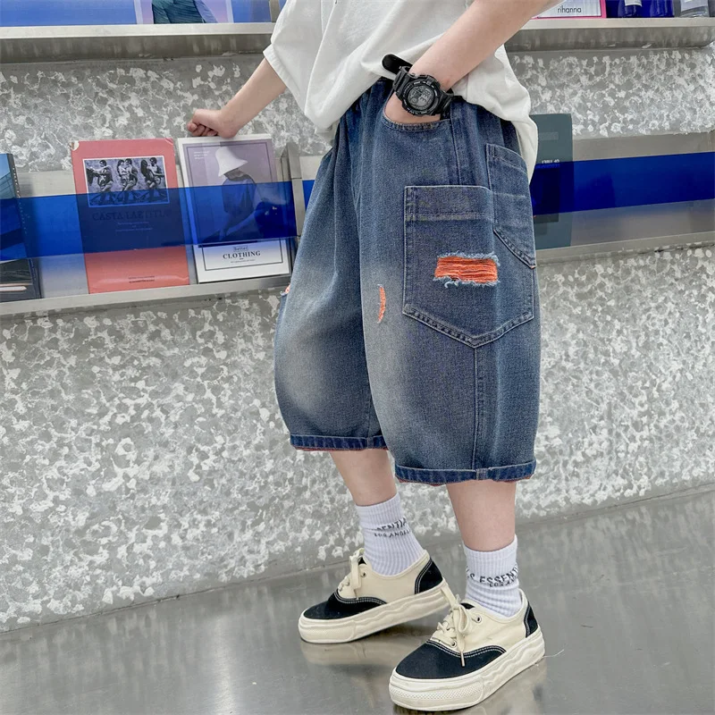 New Summer Teen Boys Shorts Jeans Fashion Ripped Hole Denim Short Pants For 5-14 Years Kids Children Trousers
