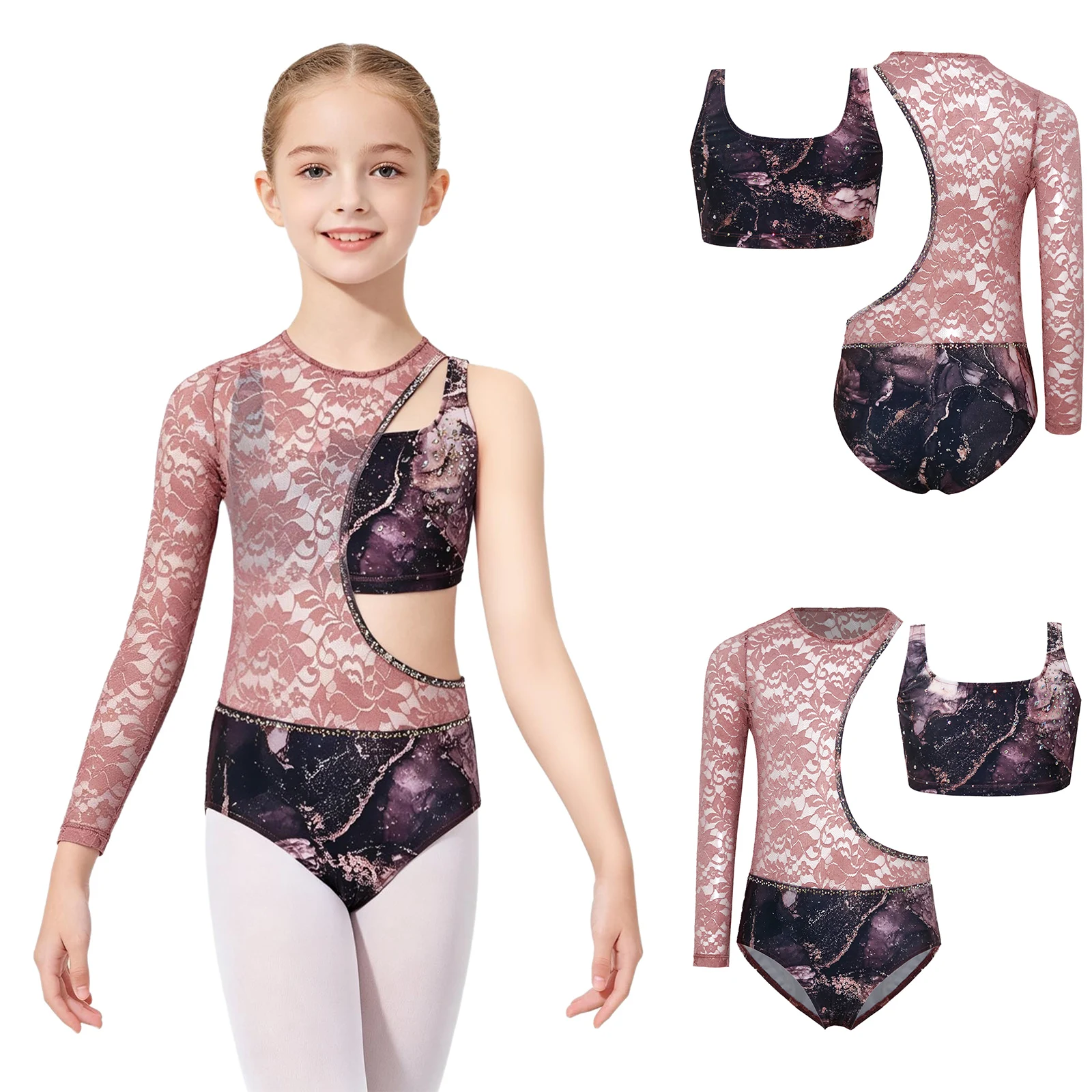 Maillot de Ballet para Niñas con un Solo Hombro, Diseño de Parches y Pedrería, con Top de Tirantes para Gimnasia Rítmica y Rutinas de Suelo