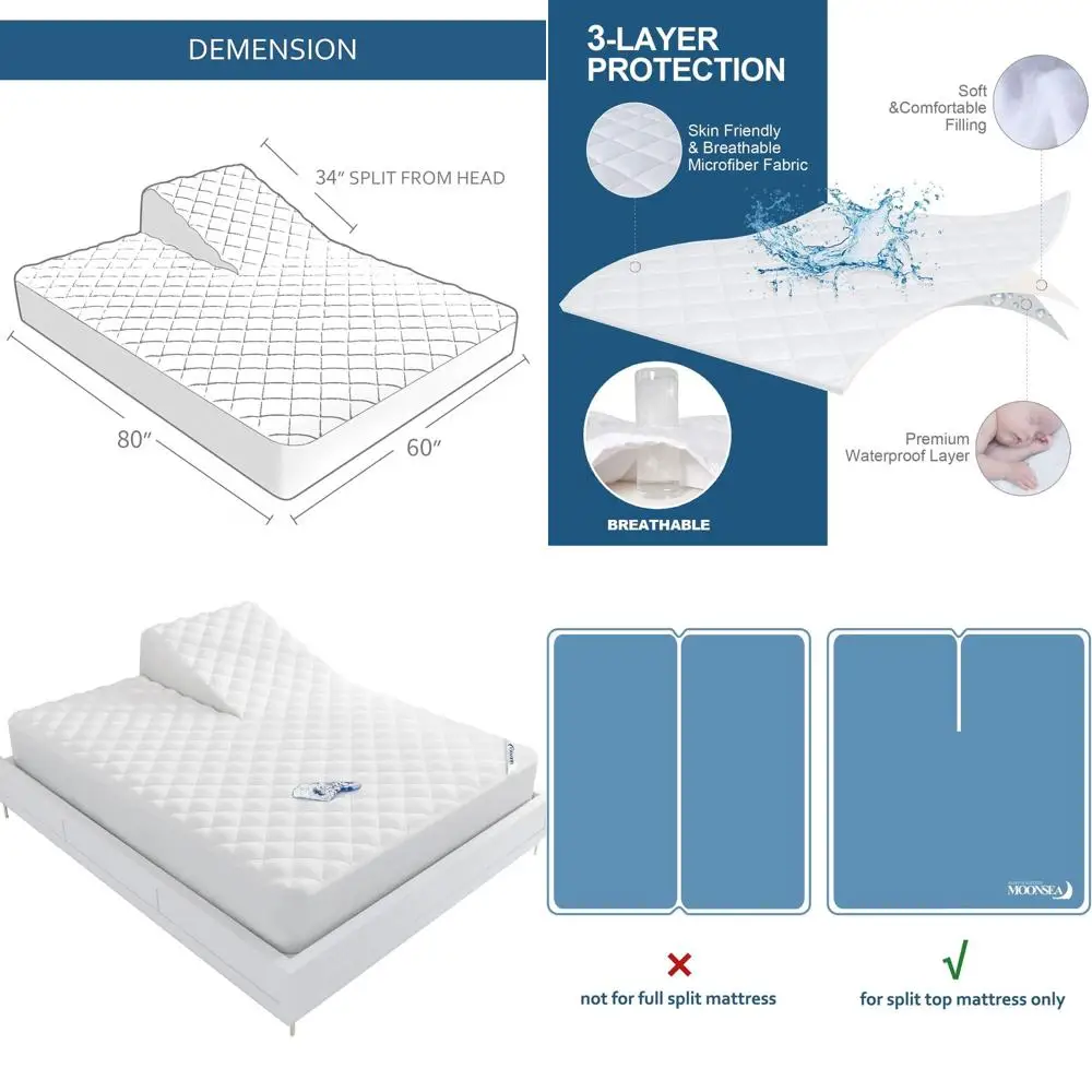 

Queen Size Waterproof Split Mattress Protector for Adjustable Beds, 34 Head Split, Silent & Soft