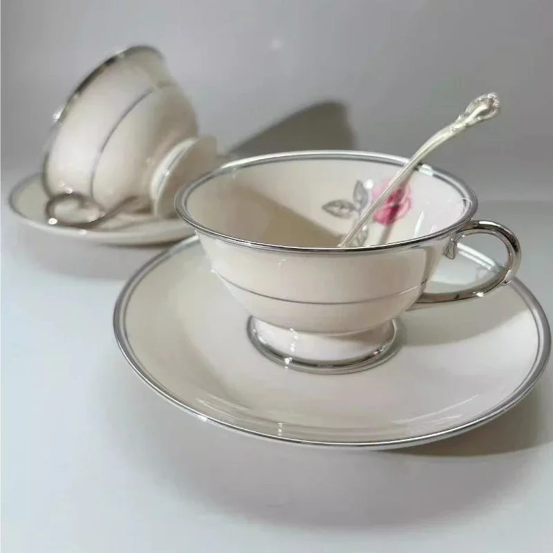 Pearl white platinum edge, rose lining, medieval ceramic coffee cup saucer