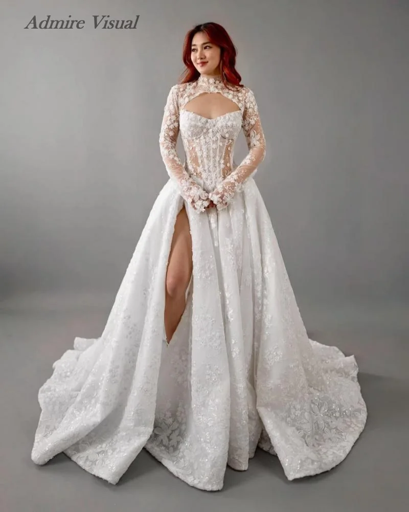 Admire Visuelles Hochzeitskleid, A-Linie, Spitze, abnehmbare Ärmel, drapiert mit Schlitz am Bein, individuelles Brautkleid