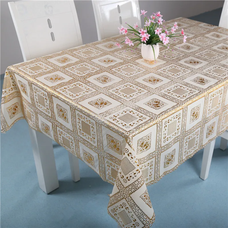 

Oilproof Dining Tablecloth PVC Hot Stamping Table Pad European Waterproof Rectangular Non-slip Bronzing Lace Coffee Table Cover