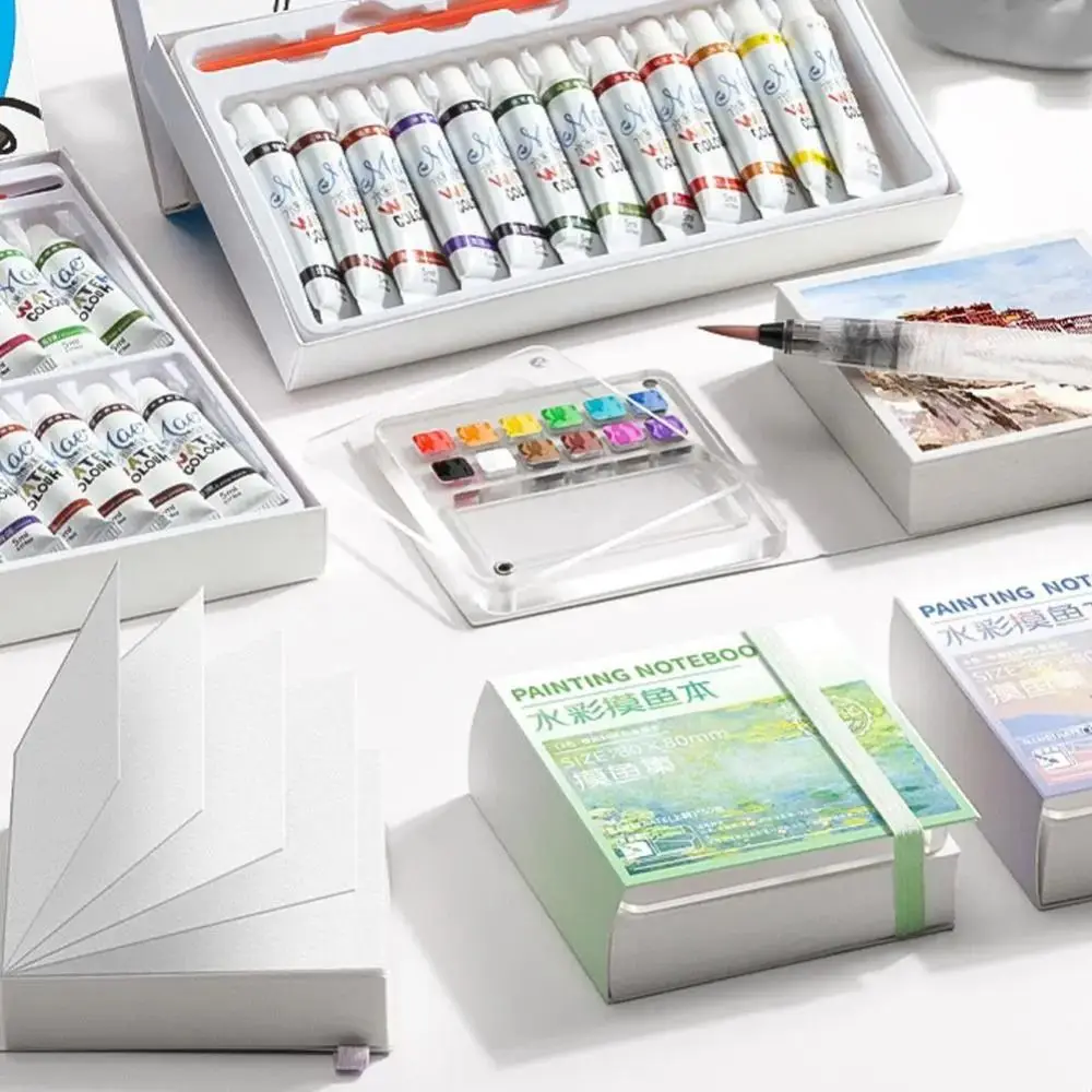 Acrylic Watercolor Paint Palette Set Mini 8/12 Grid Paint Pigment Box with Tearable Book Waterproof Travel Painting Tray Kit