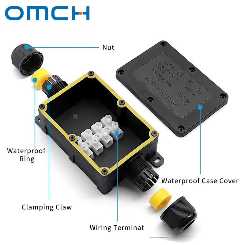 OMCH BOX-D3 IP68 Junction Box 1-6Way Connector 450V 41A 3-Gaskets 5-9mm 9-12mm 10-14mm Entry Cable Enclosure with Terminal Block 3