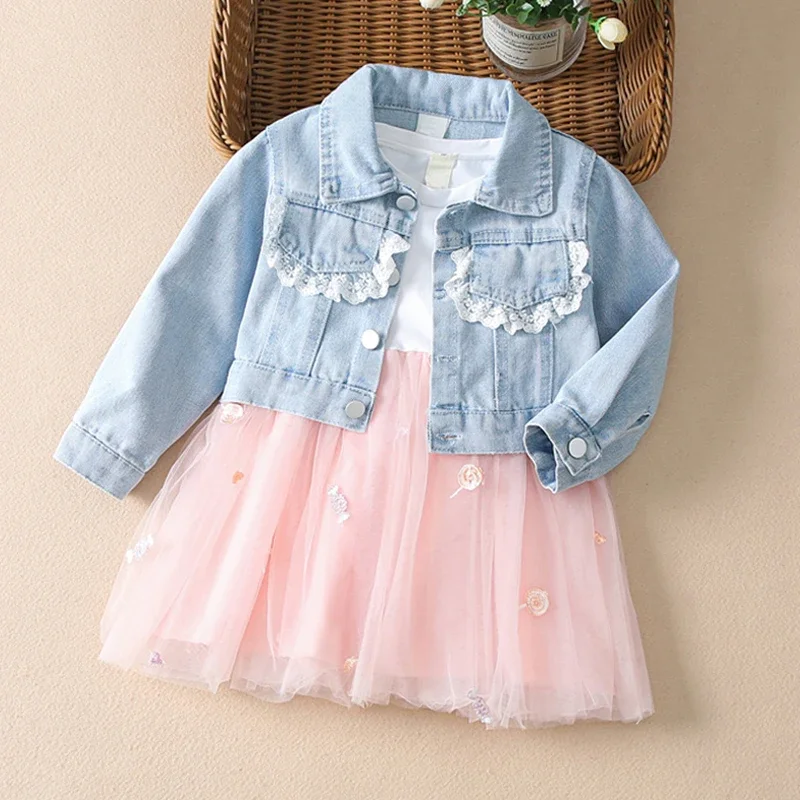 Fashion 0-4yrs Baby dress for girl denim jacket + gauze dress spring autumn fashionable fluffy princess dress