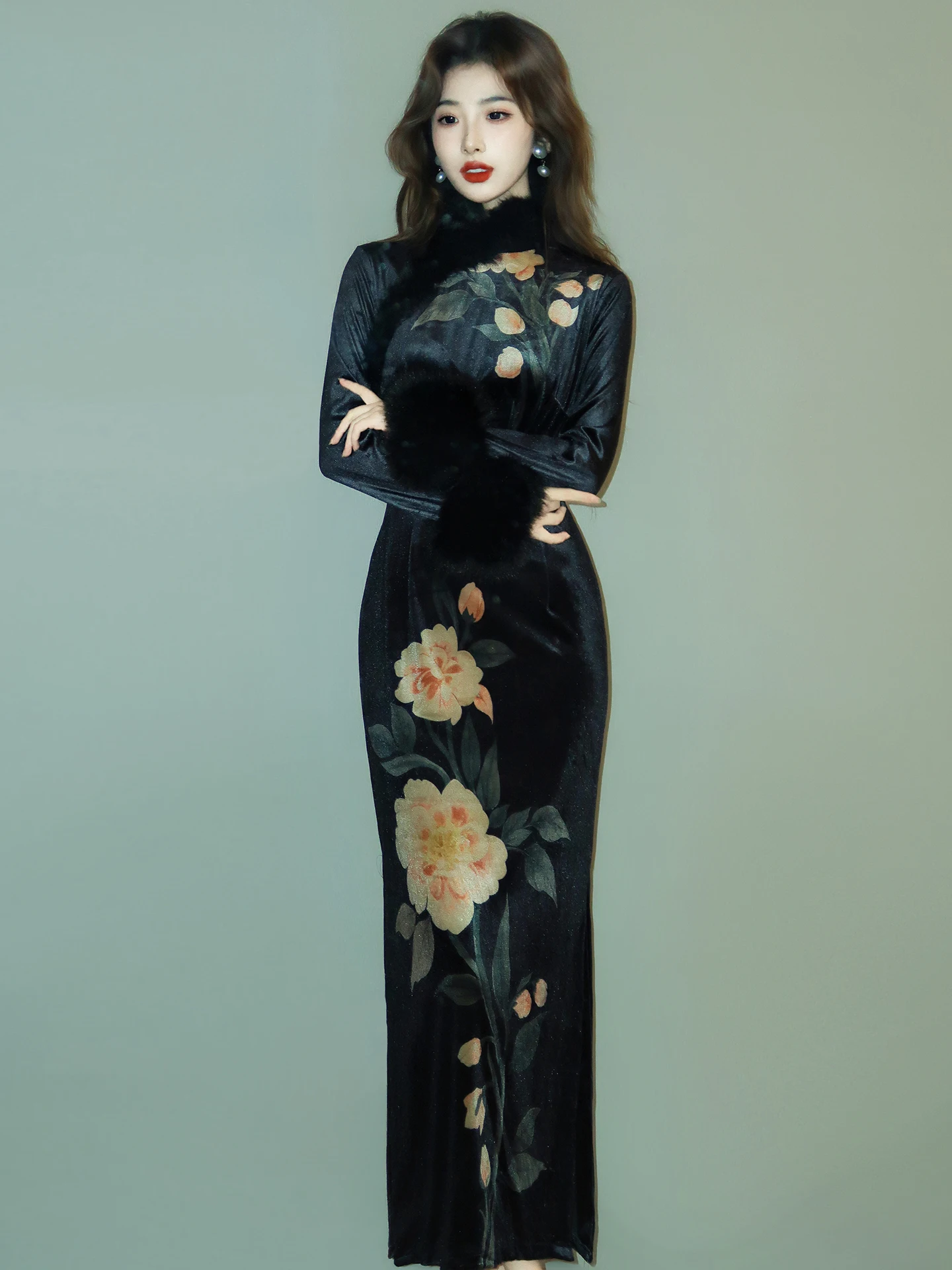 

Ele Bla Winter Dr for Women High Quali Long Sve High Split Daily Wear Comfortable Polyester Fabric