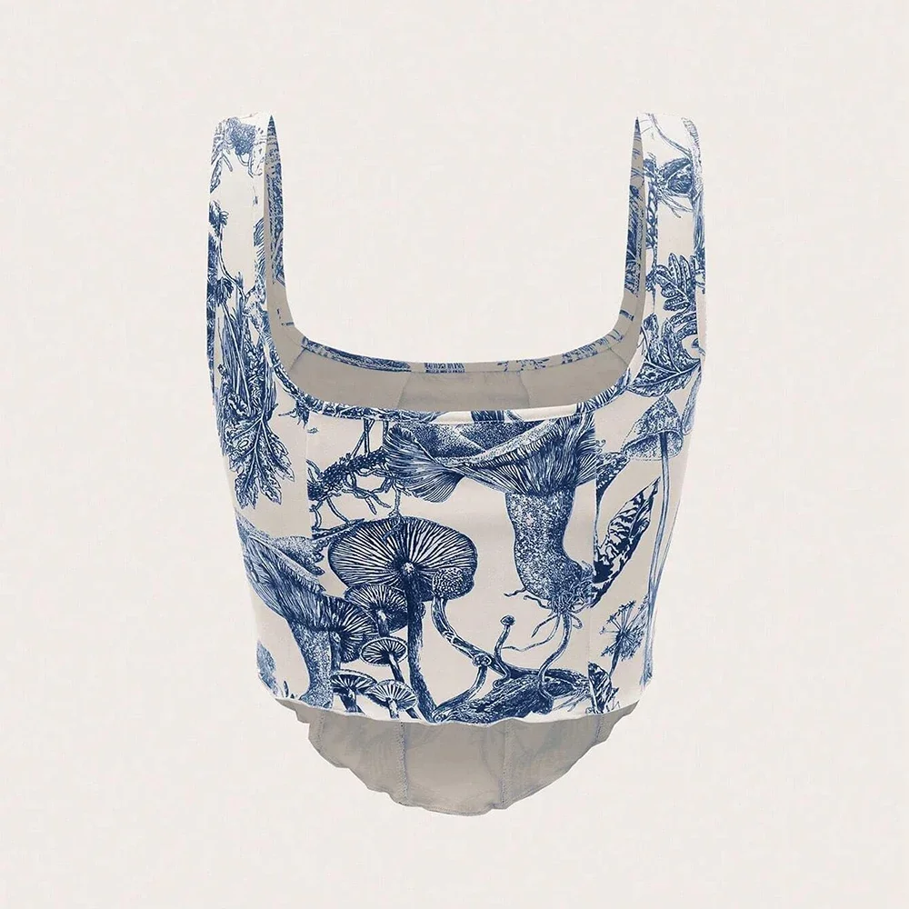 CPSYMYM الدبابات الربيع الصيف أزياء لائق طباعة كاملة أكمام ساحة الرقبة عارضة الدبابات للنساء