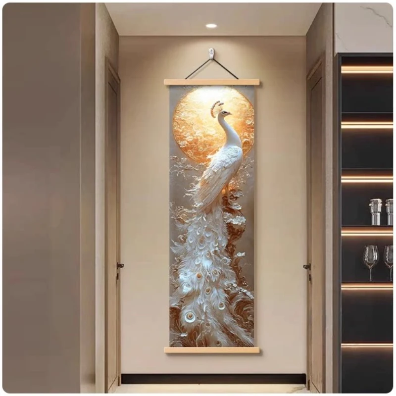 Wall Art Peacock Feathers and Blue Green Plumage Modern Luxe Pearlescent Canvas Hanging Scroll with Wooden Rods for Living Room