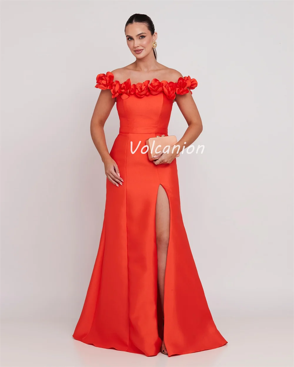Customized Modern Style Elegant Charmeuse Handmade Flower Ruched Straight Off-the-shoulder Long Dresses Bespoke Occasion Dresses