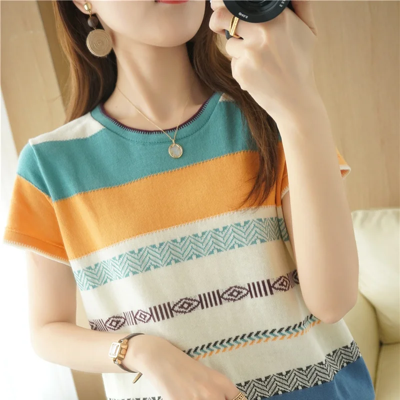 Summer New Striped Short-Sleeved T-shirt Female Cotton Contrast Rainbow Knit Bottoming Shirt Loose Slim Sweater