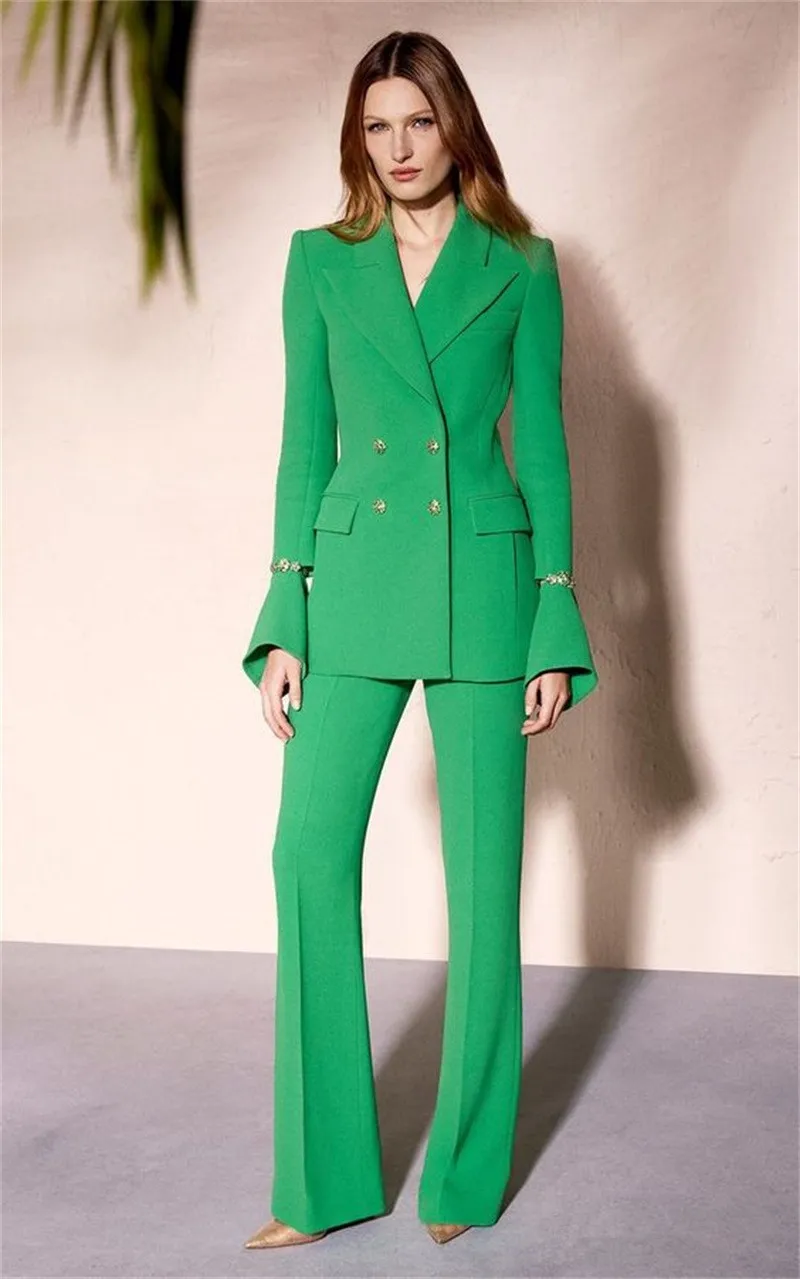 Fashion Green Women Suit Set Blazer+Pants Appliqued Split Cuff 2 Pcs Business Office Lady Tailored Wedding Tuxedo женский костю