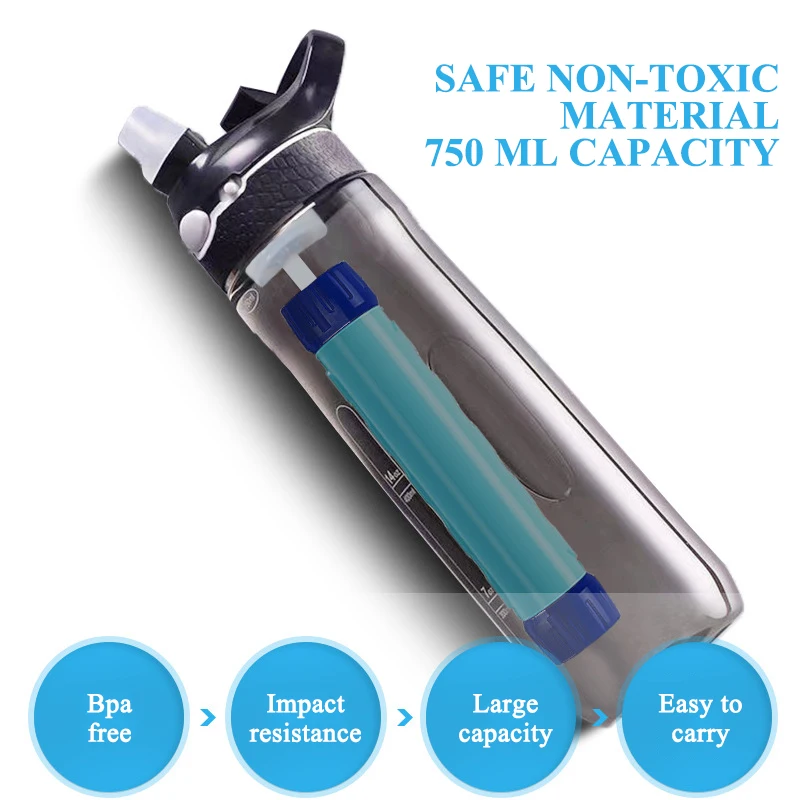 BPA 무료 750ml 야외 스포츠 필터 물병 UF 한외 여과막 야외 캠핑 물병