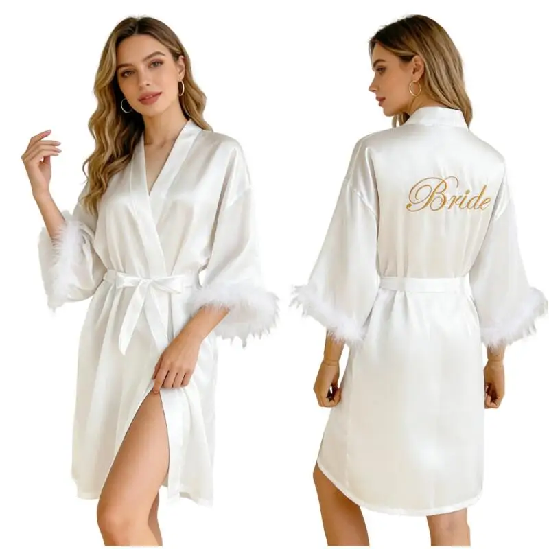 

Bride French Style Satin Robe Sexy Seven Sleeves Fleece Cuff White Silky Morning Gown For Spring Summer Embroidery Letter Kimono