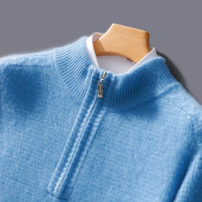 Semi-High Neck Zipper Pullover Cashmere Sweater Long Sleeve Men\'s Sweater Loose Solid Color Wool Casual Knitting Bottoming