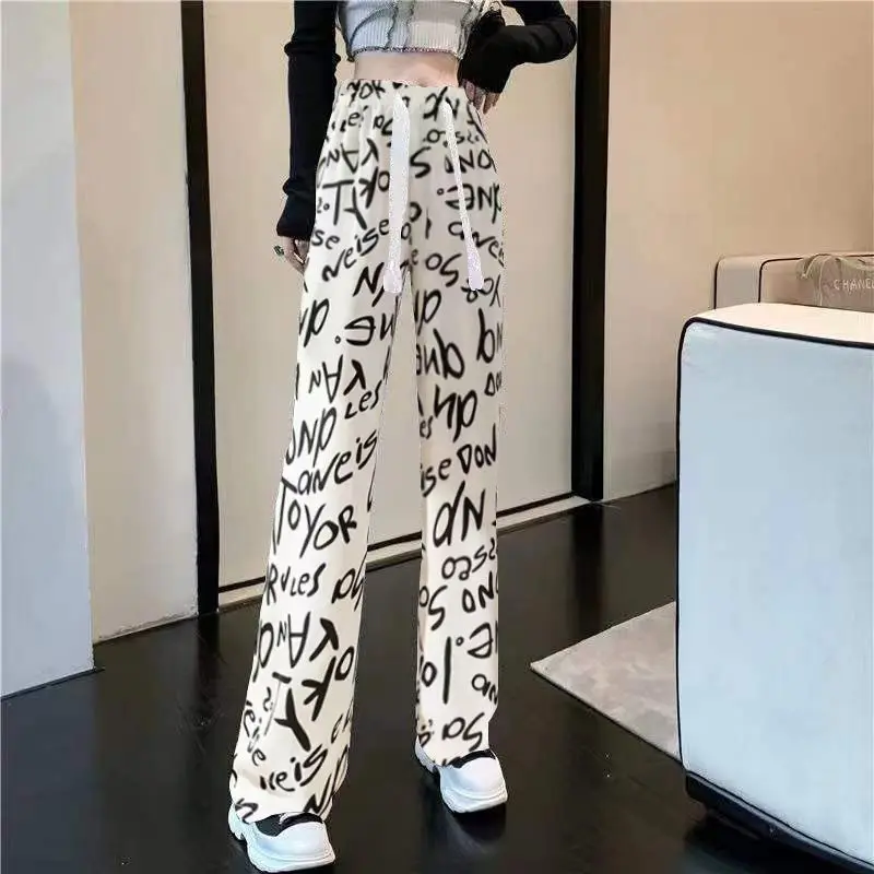 Korean Fashion Women Clothing Loose Straight Pants Summer Streetwear Casual Letter Plaid Elastic Waist Versatile Thin Trousers