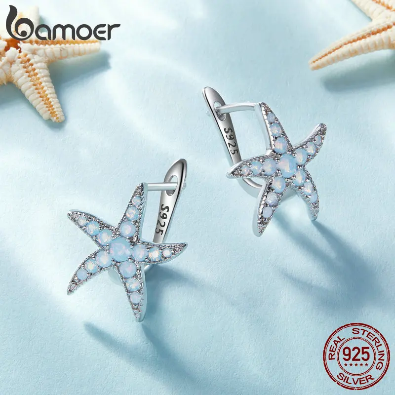 Bamoer 925 Sterling Silver Blue Opal Starfish Ear Buckles Delicate Sea Star Hoop Earrings for Women Fine Jewelry