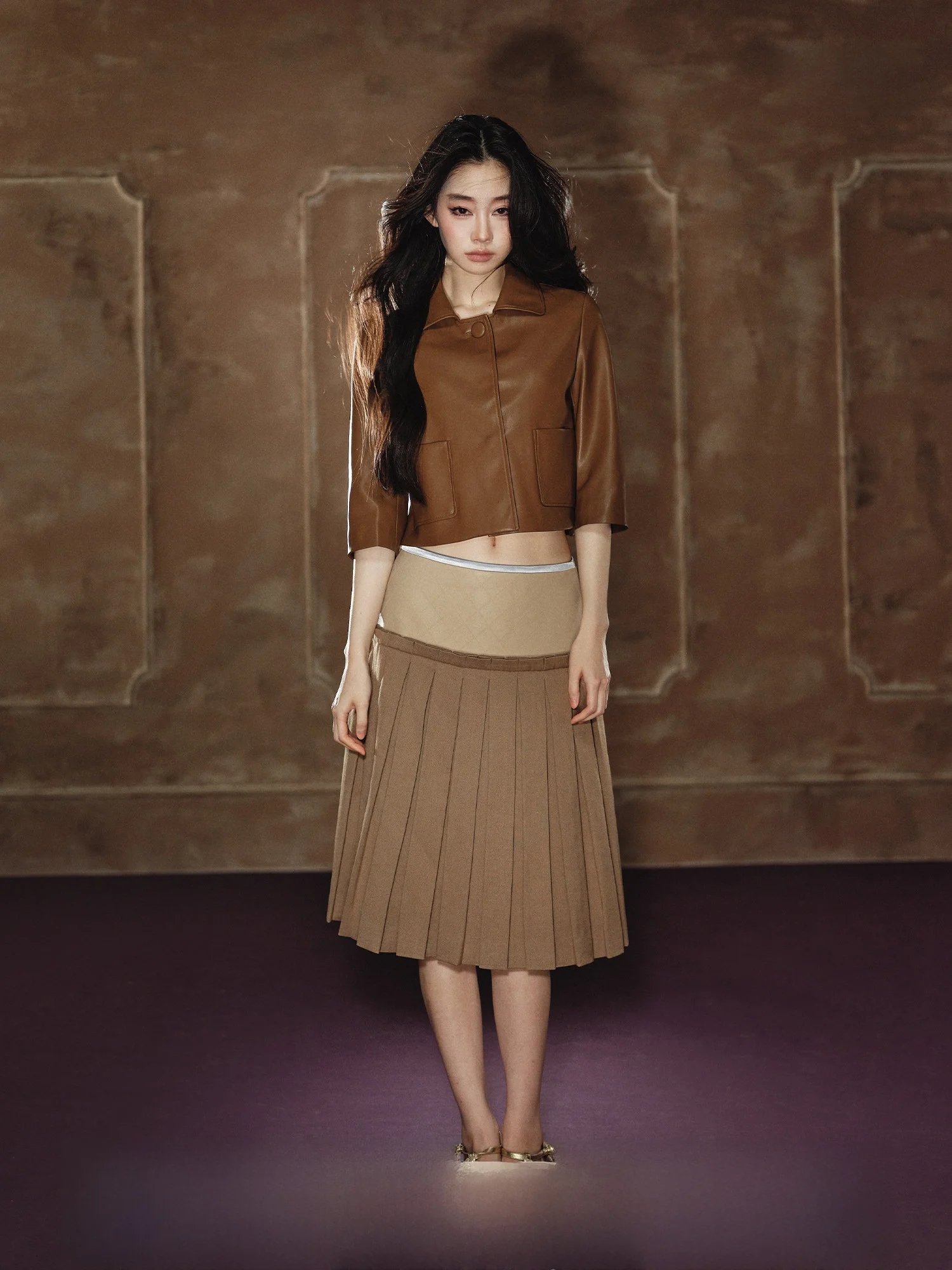 

AGAM Miu Versatile ort Leather Jaet A-Line Seven-Sve Design lectual Sle Women's Outerwear Casual Sle Stand...