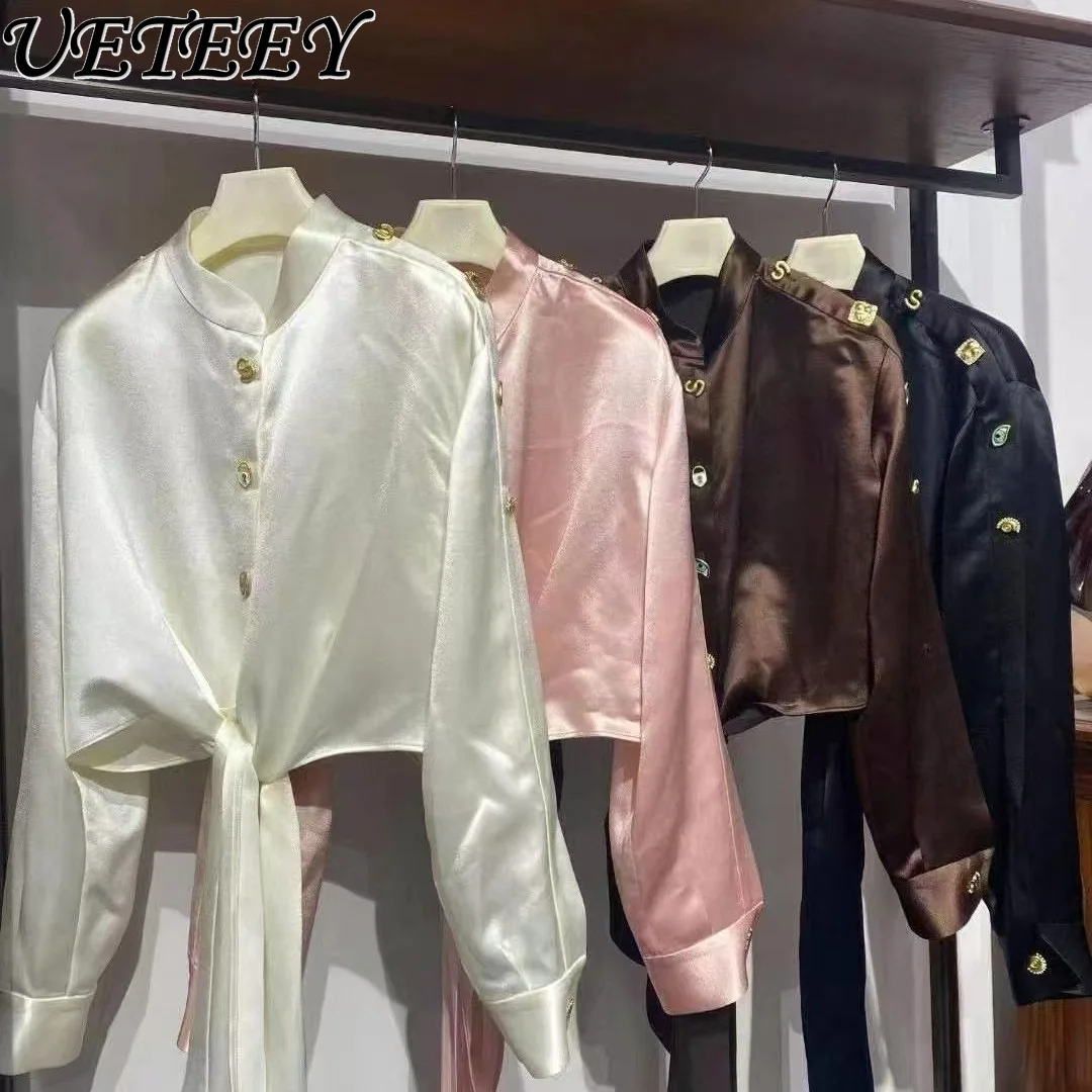 

European and American Style Long Sleeve Shirt Autumn New Fashion Rhinestone Design Slim Fit Tie Single Breasted Top for Women