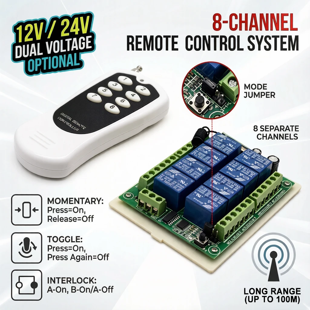 8 Channel Wireless Relay Remote Control Switch Module 12V/24V DC Motor Controller 433MHz RF Receiver Transmitter 3 Mode Jumper