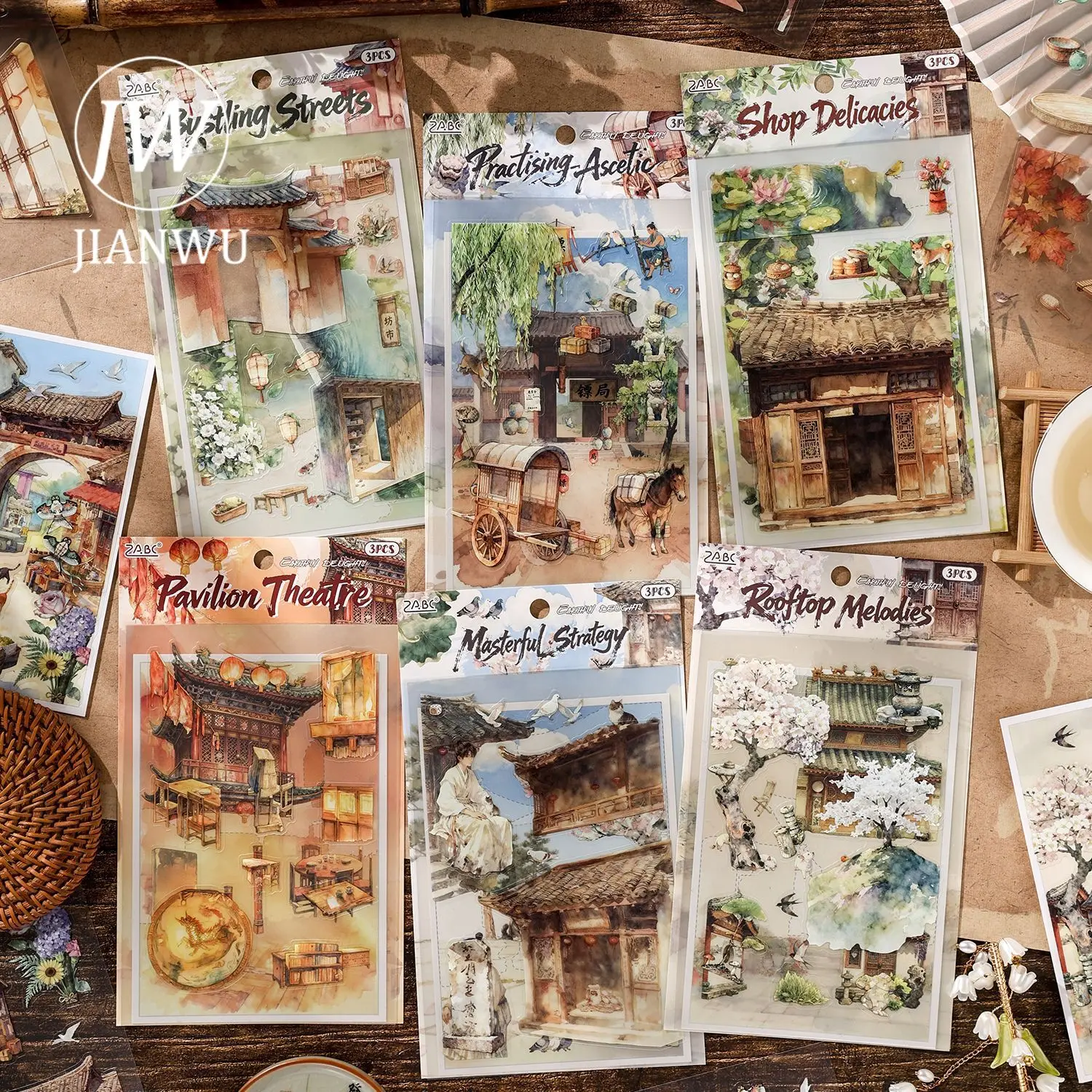 JIANWU Jiuqu Wind Series Vintage Town House Character Landscape Material Collage PET Sticker Creative DIY Journal Stationery