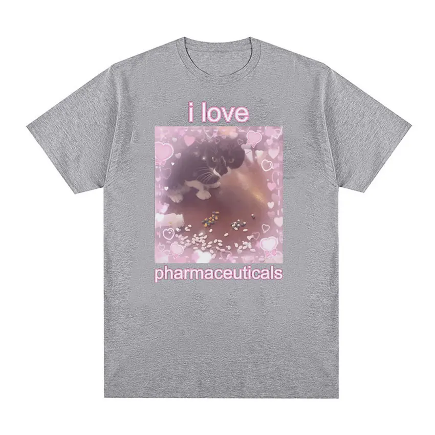 I Love Pharmaceuticals 귀여운 고양이 밈 그래픽 티셔츠, 재미있는 남녀공용 상의, 반팔 티셔츠, 100% 면, 오버사이즈 티셔츠