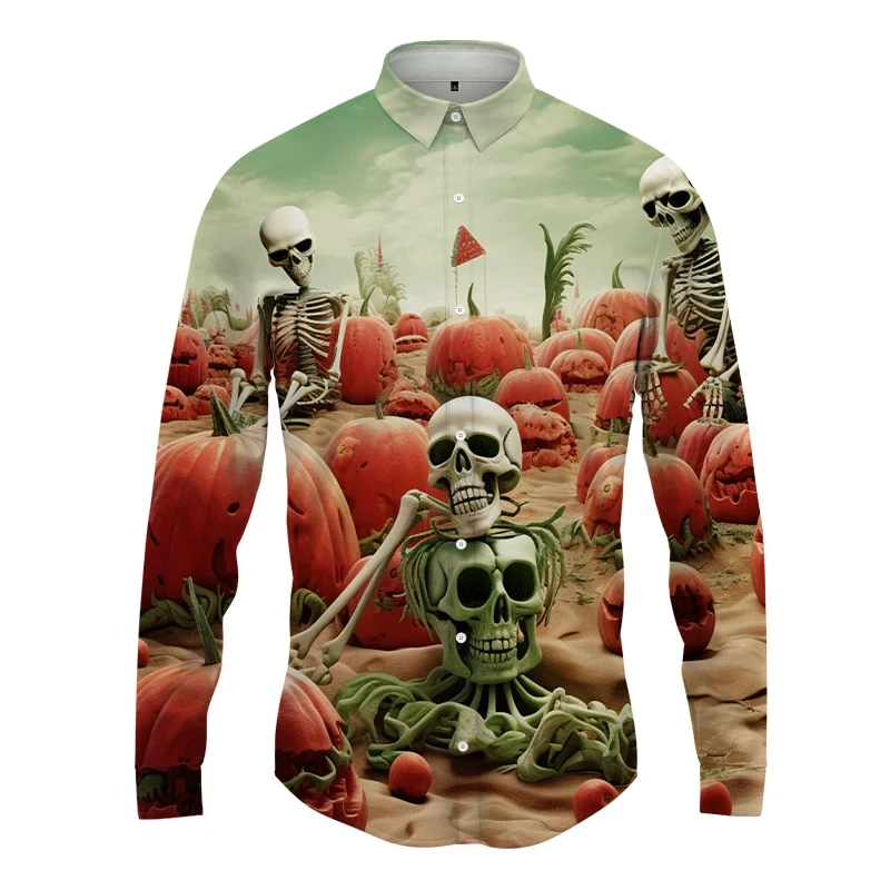 Originaliteit Kunst Heren Lente En Herfst Mode Heren Knoopshirt 3d Skelet Grafisch Shirt Hawaiiaans Heren Shirt Met Lange Mouwen