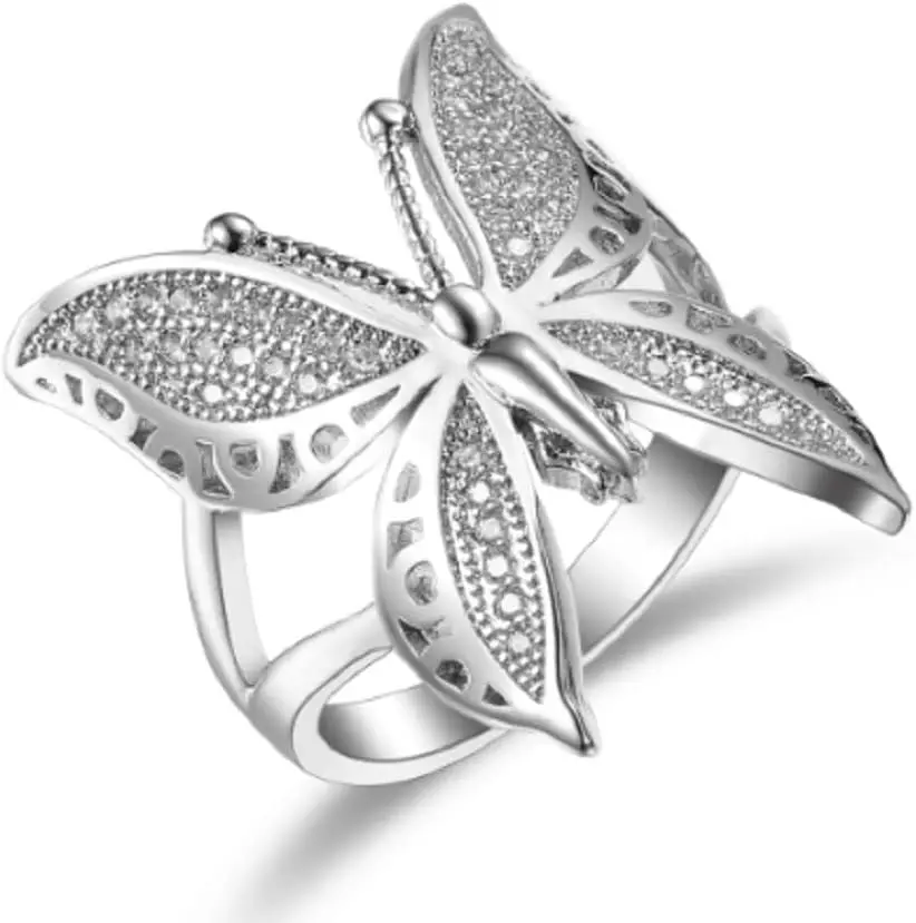 Awmnjtmgpw 925 Sterling Silver Shiny Butterfly Engagement Diamond Ring Foldable True Love Eternal Wedding Ring with Adjustable Opening