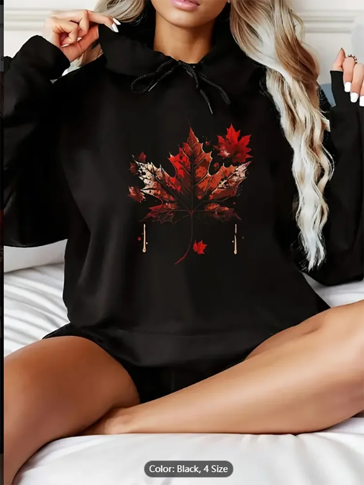 

Женская толстовка с капюшоном и принтом кленового листа, уютный свободный крой, пуловер с длинными рукавами, красный, черный, контрастный дизайн, удобная текстура