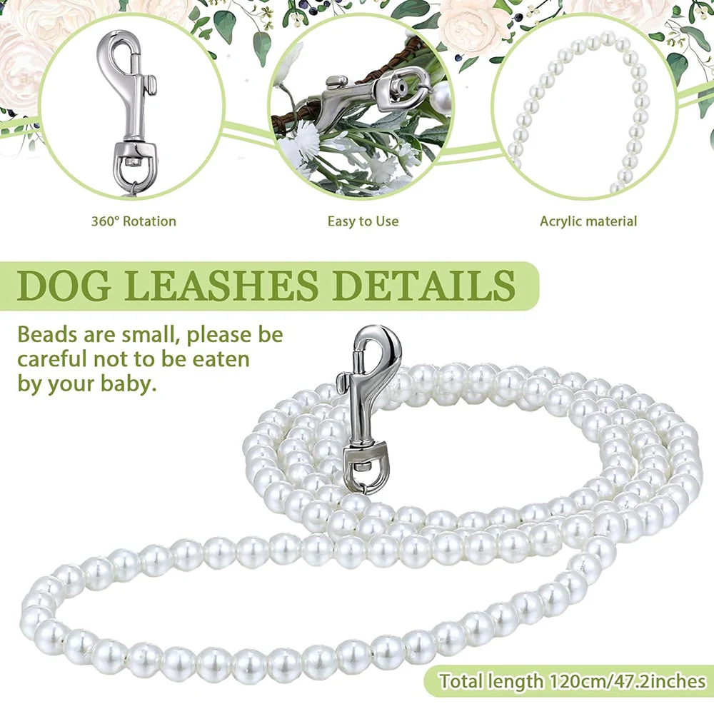 Dog Flower Collar and Leash Set for Large Dogs Pearls Beaded Dog Leash Collar Bows for Wedding Attire Wreath Pet Photo Prop