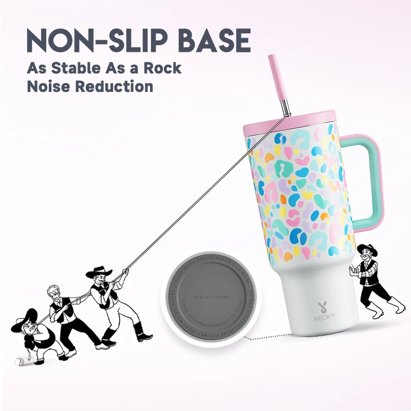 

Meoky 40oz Tumbler Straw Handle Cup Vacuum Flasks with Lids Drinkwear Colorful Leopard Large Capacity Thermoses Non-Slip Car Mug