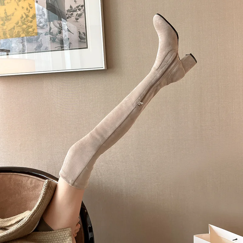 

Women's Stretch Suede Thigh High Boots Block Chunky Heel Side Zipper Over Knee Booties Point Toe Fashion Party Long Shoes Ladies