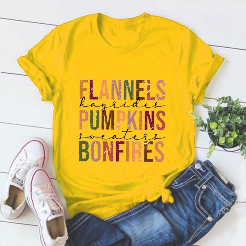 Pumpkins Bonfires Shirt Fall Tee Pumpkin Spice Tshirts Women Cute Fall Women Clothing Autumn Top Fall Letter Clothes